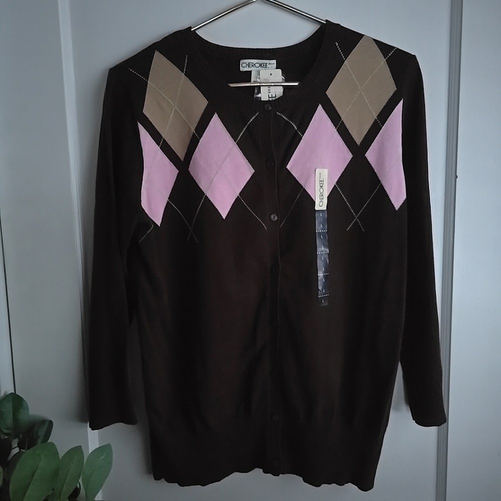 Cherokee Brown Pink Argyle  Button Down Long Sleeve Sweater Large